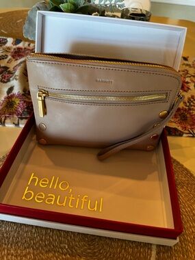 Hammitt Taupe Leather Crossbody Wristlet with Gold Hardware